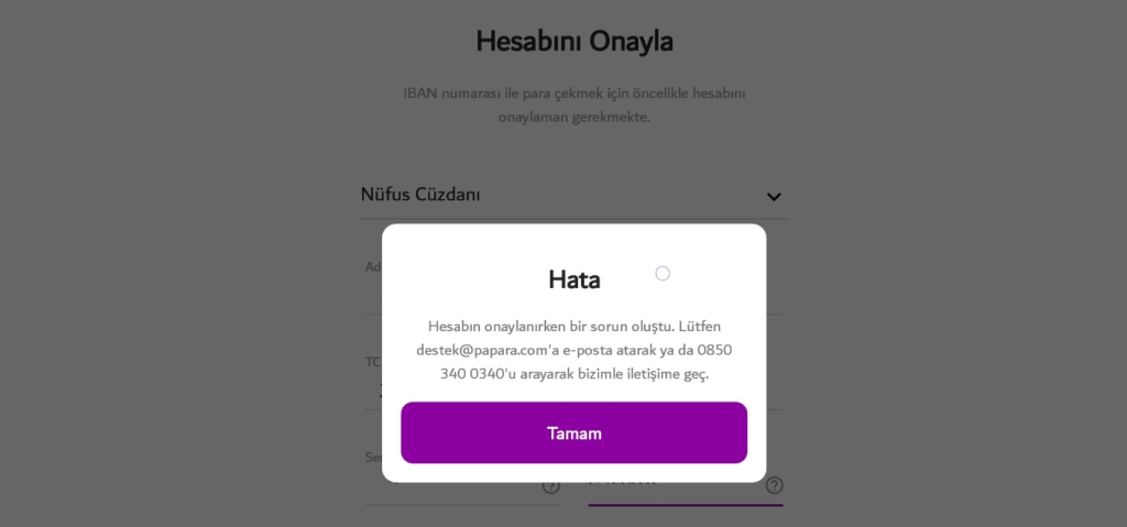 papara kimlik doğrulama hatası