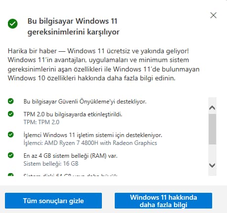 bu bilgisayar windows 11 gereksinimlerini karşılıyor