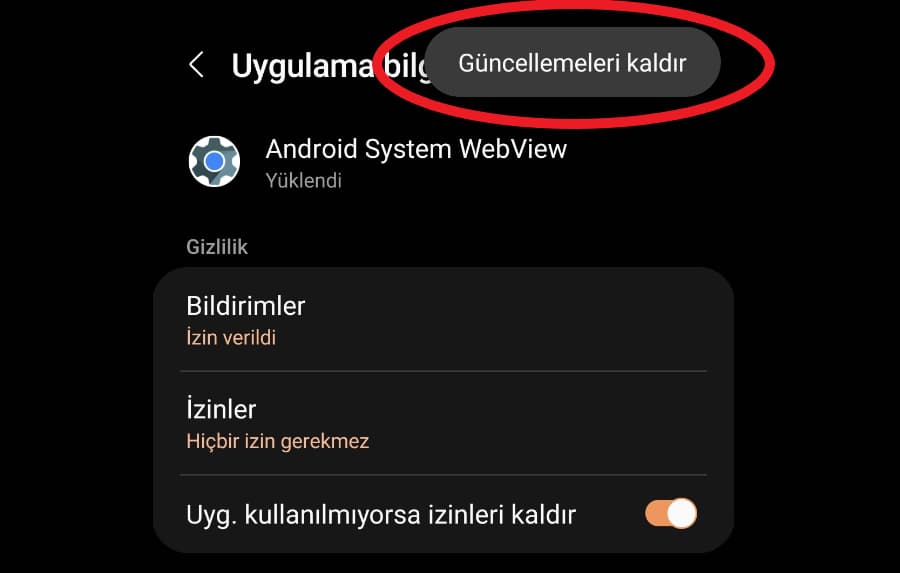 android system webview güncelleme kaldırma