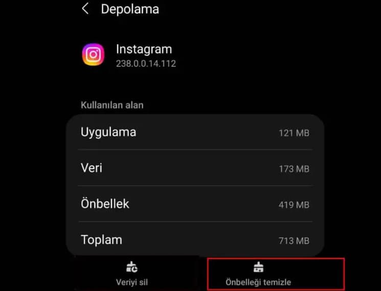 instagram önbellek temizleme