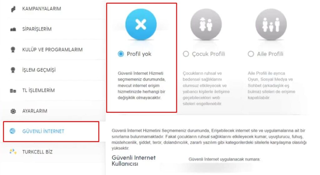 turkcell güvenli internet profili kapatma