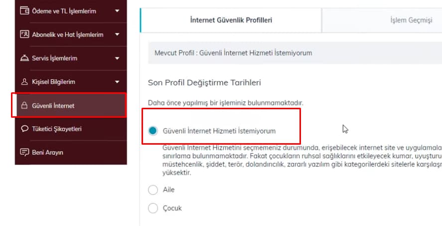 türktelekom güvenli internet profili kapatma